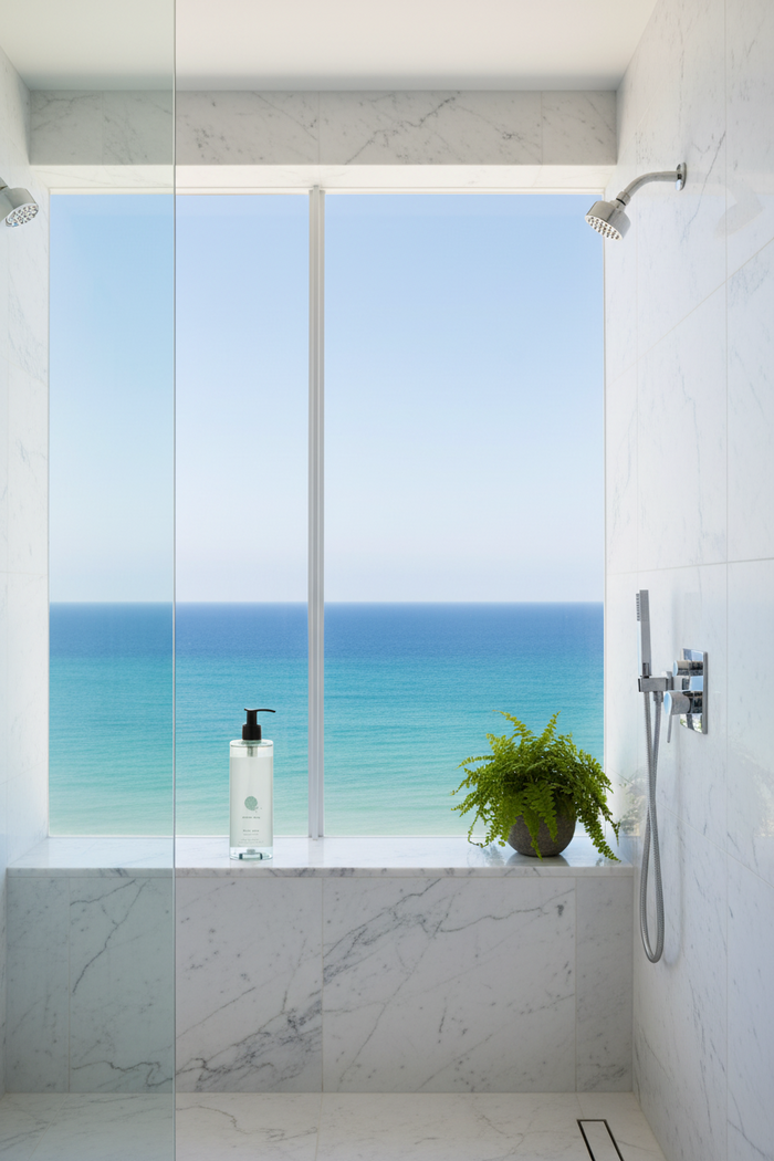 Geneva guild body wash in beautiful walk in shower overlooking the ocean