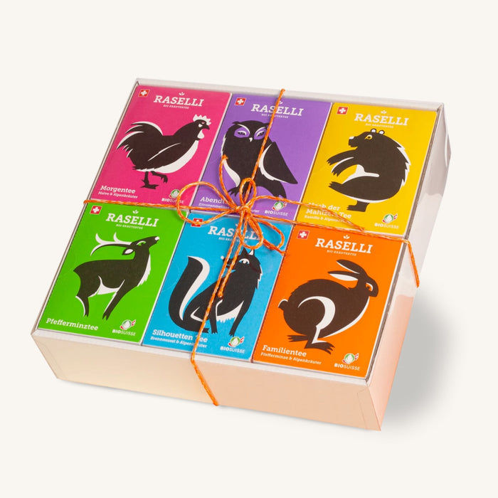 Geschenk 6er Set Beuteltee (Raselli) – 6 Bio-Kräutertee-Sorten im Set (Abendtee, Morgentee, Familientee, Nach der Mahlzeit, Verveinetee, Pfefferminztee)