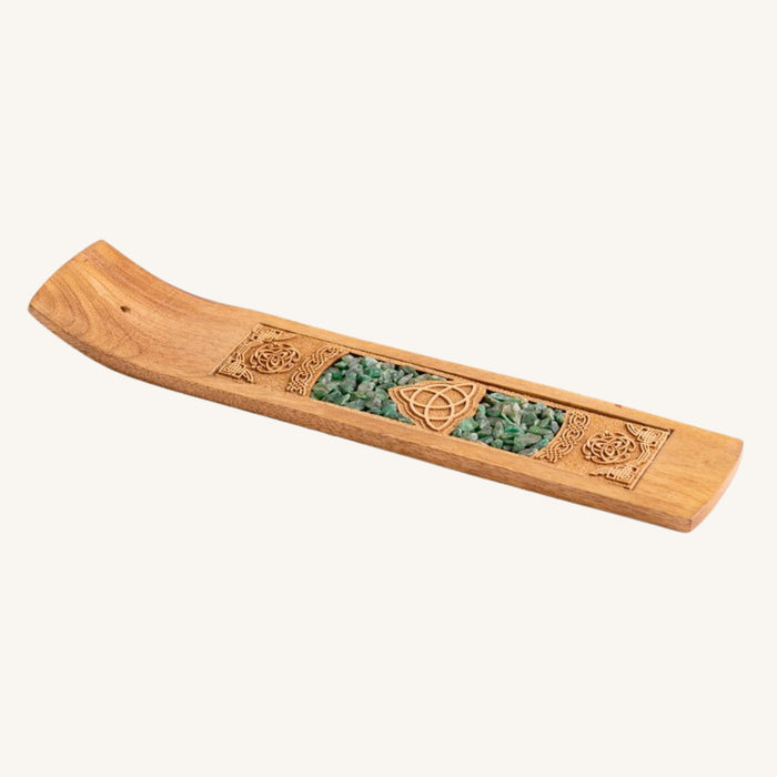 Räucherstäbchenhalter Keltischer Knoten aus Akazienholz mit eingebettetem Aventurin, 26 cm