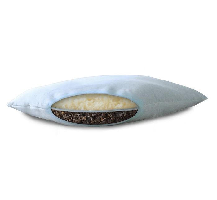 Turmerry Hybrid Pillow cross section on white background, showing cream wool and dark buckwheat layers inside.
