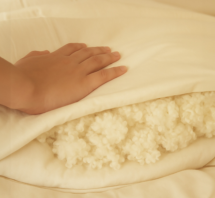 Hand resting on wool fill inside white bedding.