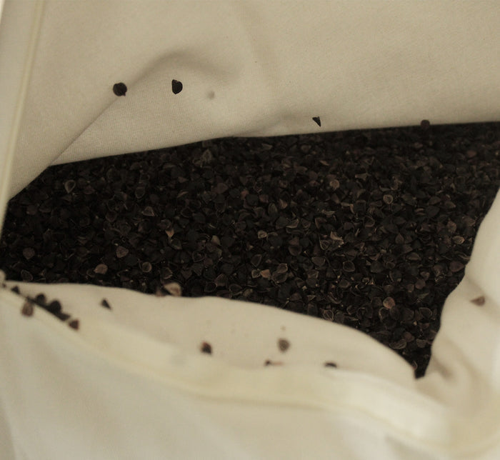 Close-up of Turmerry Hybrid Pillow interior showing dark buckwheat hull fill and white fabric cover.