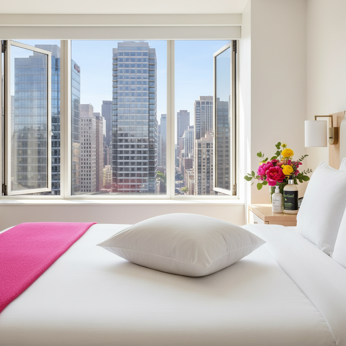 IHG hotel bed bundle for queen in a stylish hotel room with city views and vibrant flower arrangement.