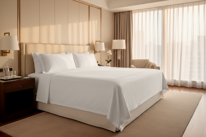 IHG Hotel Fitted Sheet King on a beautifully made hotel bed, showcasing hotel quality fitted sheet king.