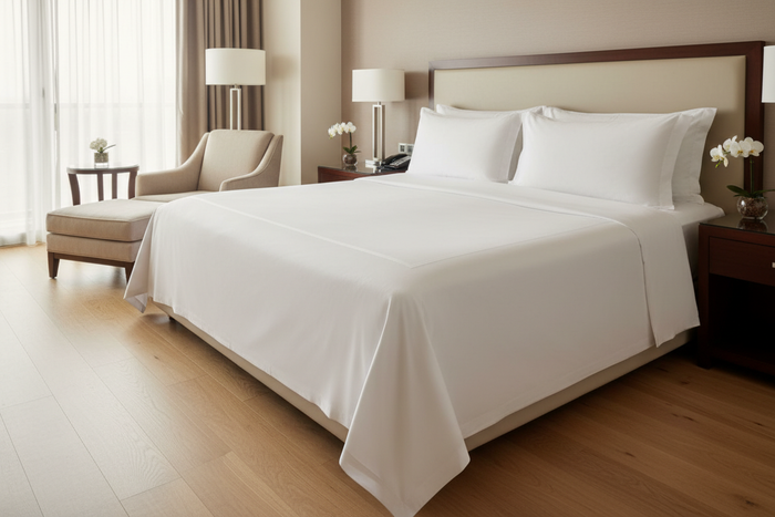 IHG hotel king flat sheet on a luxurious bed in a modern hotel room.