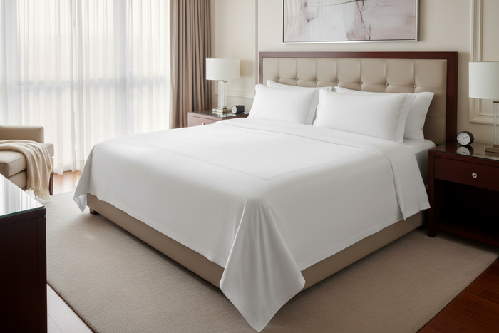 IHG hotel queen flat sheet on a neatly made bed in a modern hotel room.
