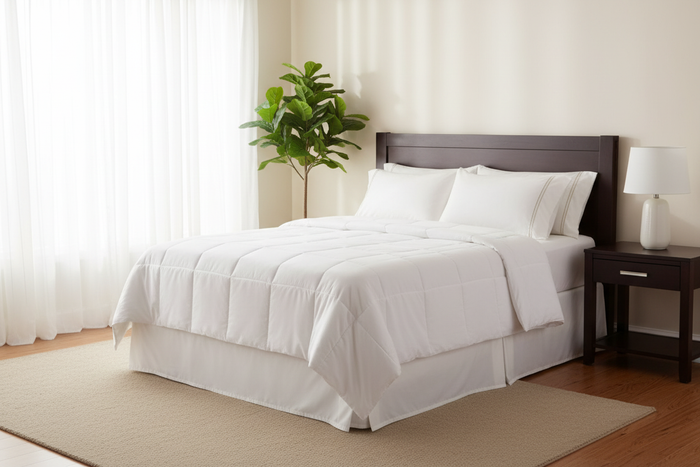 IHG Medium Weight Duvet Insert - King on a beautifully made bed with white linens and elegant decor.