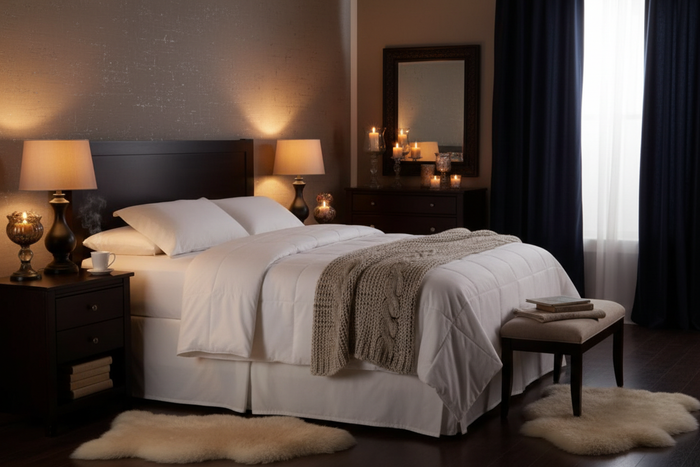 IHG Medium Weight Duvet Insert - King on a cozy bed with soft décor and warm lighting.