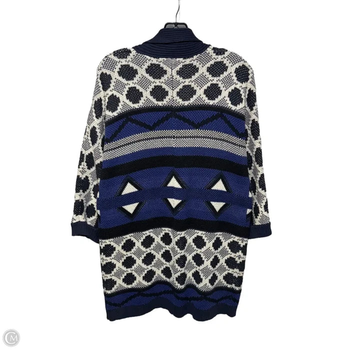 Intarsia Tribal Print Open Front Longline Cardigan Sweater By Lucky Brand In Blue & White, Size: XS