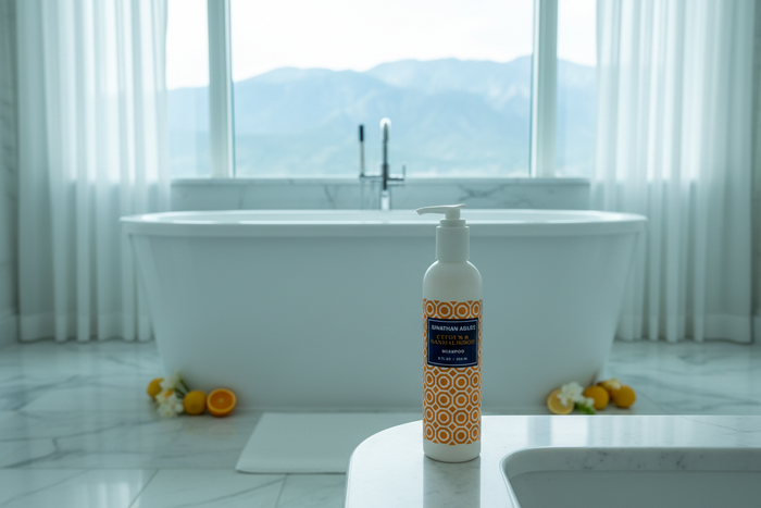 Jonathan Adler Citrus & Sandalwood Shampoo beside soaking tub with mountain view