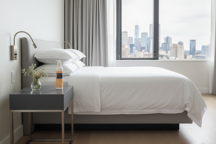 Jonathan Adler Citrus & Sandalwood Shampoo on nightstand with city skyline view