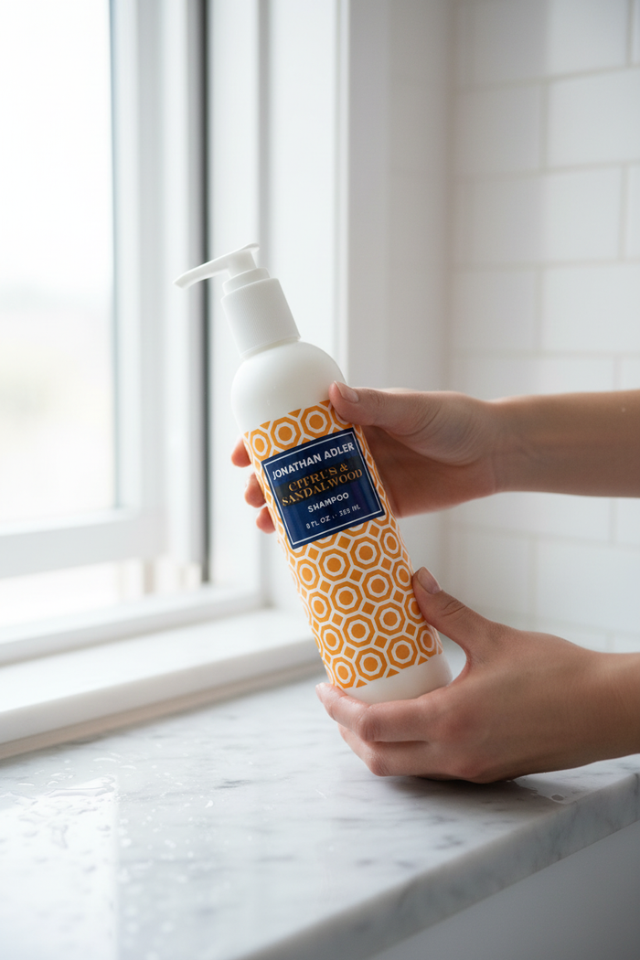 Jonathan Adler Citrus & Sandalwood Shampoo close-up on shower shelf