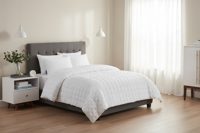 Elegant bedroom featuring Keeco Softstitch Lightweight Brushed Microfiber Blanket - Queen on a stylish bed.