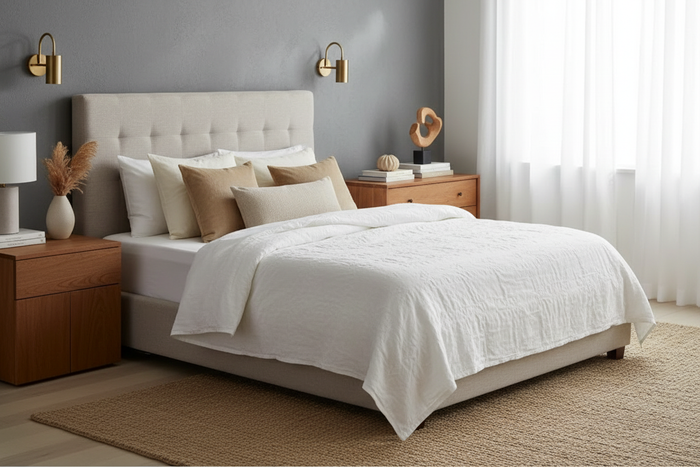 Keeco Softstitch lightweight brushed microfiber blanket queen on a neatly made bed in a modern bedroom.