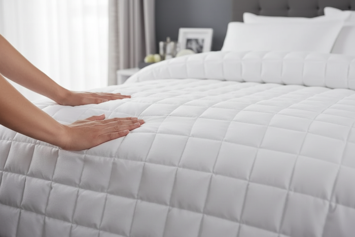 Hands smoothing the surface of a soft white quilted blanket on a bed in a stylish bedroom.
