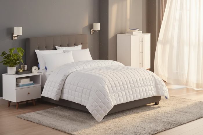 Keeco Softstitch Lightweight Brushed Microfiber Blanket - Queen displayed on a bed in a modern bedroom setting.