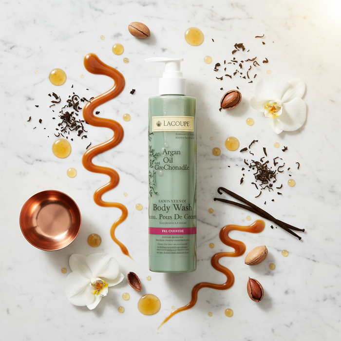 LaCoupe Argan Oil Body Wash | 12.2 oz on marble counter with floral and oil elements.