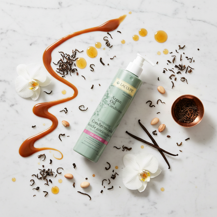 LaCoupe Argan Oil Conditioner | 12.2 oz bottle placed on a marble surface surrounded by ingredients like honey, flowers, and nuts.