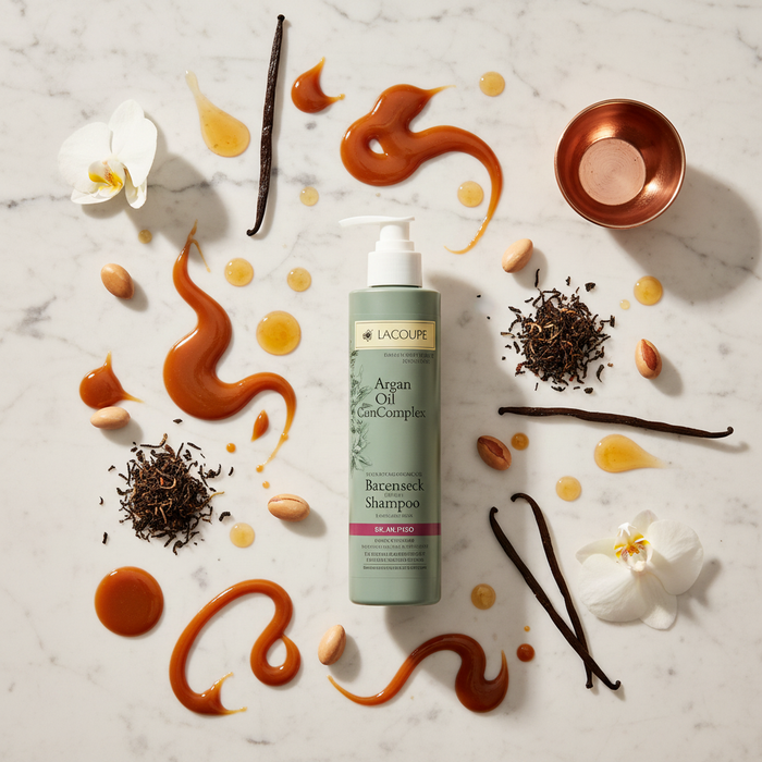 LaCoupe Argan Oil Shampoo | 12.2 oz with natural ingredients on a marble background, showcasing its nourishing formula.