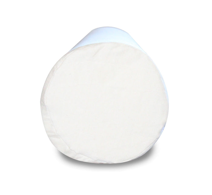 Turmerry latex body pillow with rounded shape and white cover shown from side view.