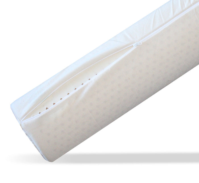 Turmerry latex body pillow with white cover displaying zipper closure and perforated latex interior.