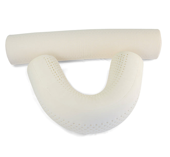 Two Turmerry latex body pillows, one curved and without cover, showing support design from top view.