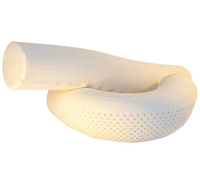 Turmerry latex body pillow stacked on coverless, curved body pillow, displayed at an angle.