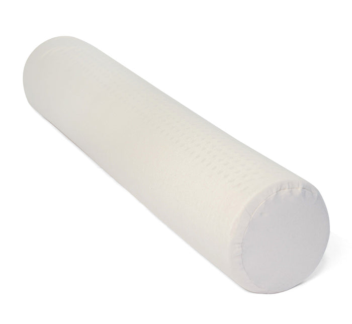 Angled view of Turmerry latex body pillow with white cover and rounded cylindrical shape on white background.