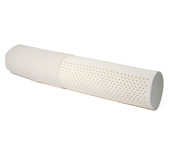 Turmerry latex body pillow with white cover half opened, showing breathable design and latex core.