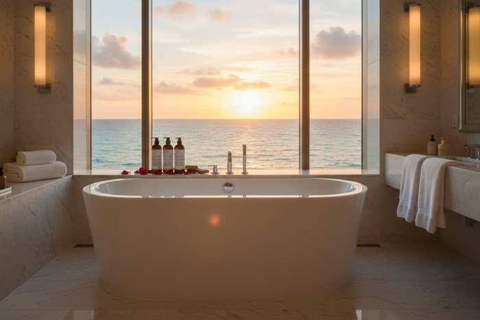 Luxurious bathroom with ocean view featuring Le Labo Rose 31 Conditioner on the countertop for a spa-like experience.