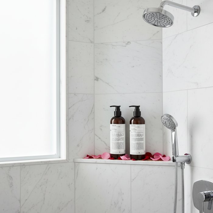 Le Labo Rose 31  Shampoo and COnditioner  on shower shelf Luxury Hair care  you can bring home
