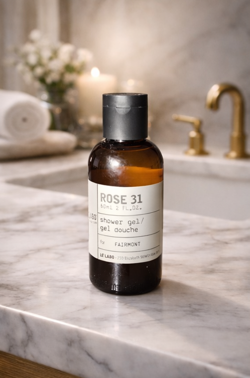 Le Labo Rose 31 Travel Size Shower Gel 2oz on marble countertop with decorative elements.