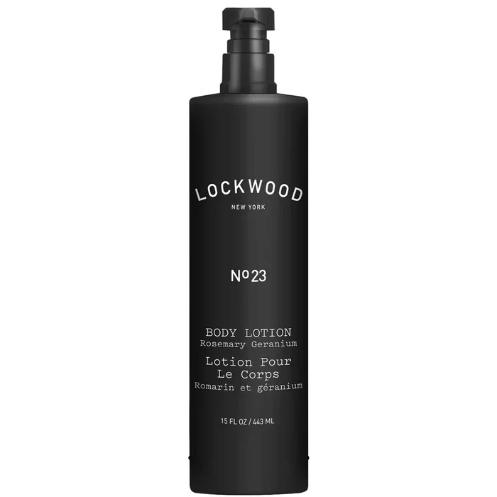Lockwood New York Body Lotion No23 with Rosemary Geranium, 15 fl oz, elegant packaging for sensitive skin care.