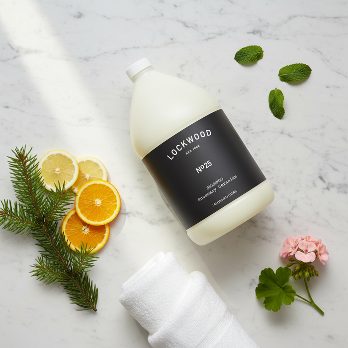 Lockwood New York Shampoo Refill - flat lay with large refill bottle and scattered ingredients on marble