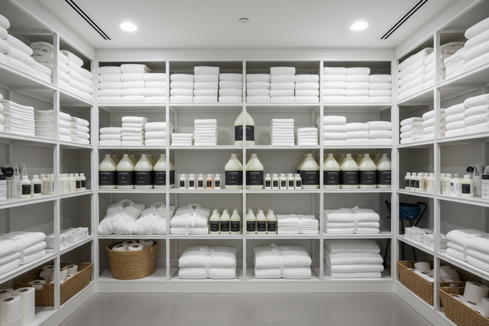 Lockwood New York Shampoo Refill - fully stocked hotel supply room with bulk bottles and towels