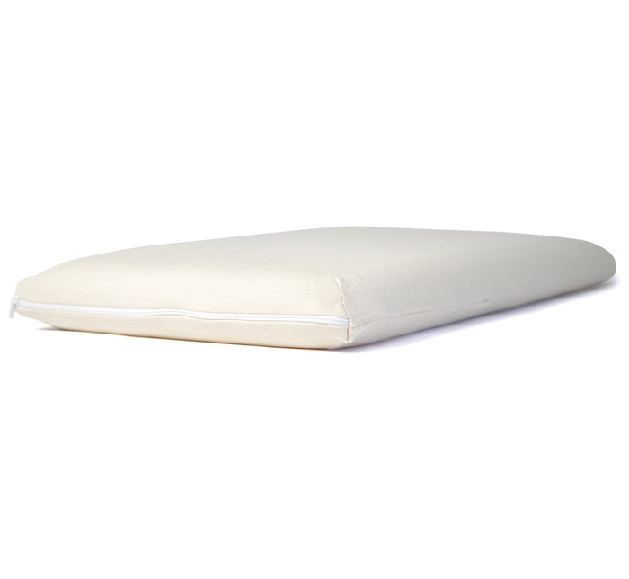 Turmerry low profile toddler pillow with white cover displayed from side view on white background.