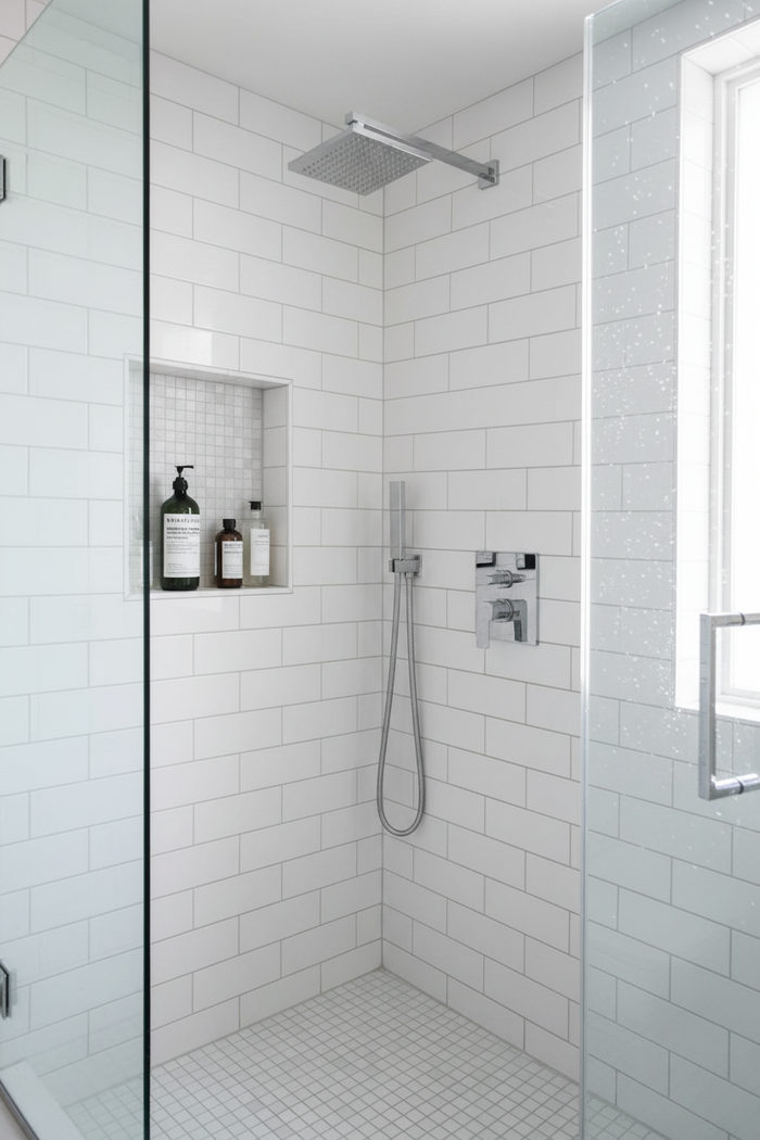 Malin+Goetz Peppermint Body Wash in modern shower white tiles chrome fixtures - cooling body care