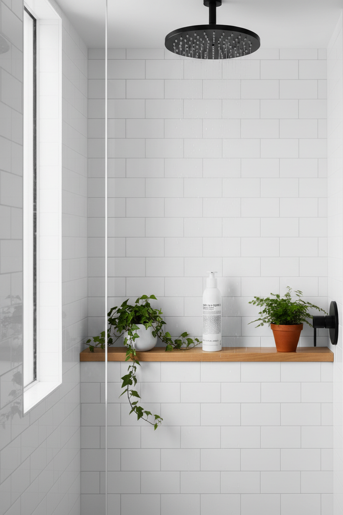 Malin+Goetz Peppermint Shampoo on modern bathroom shelf natural wood green plants - New York apothecary style