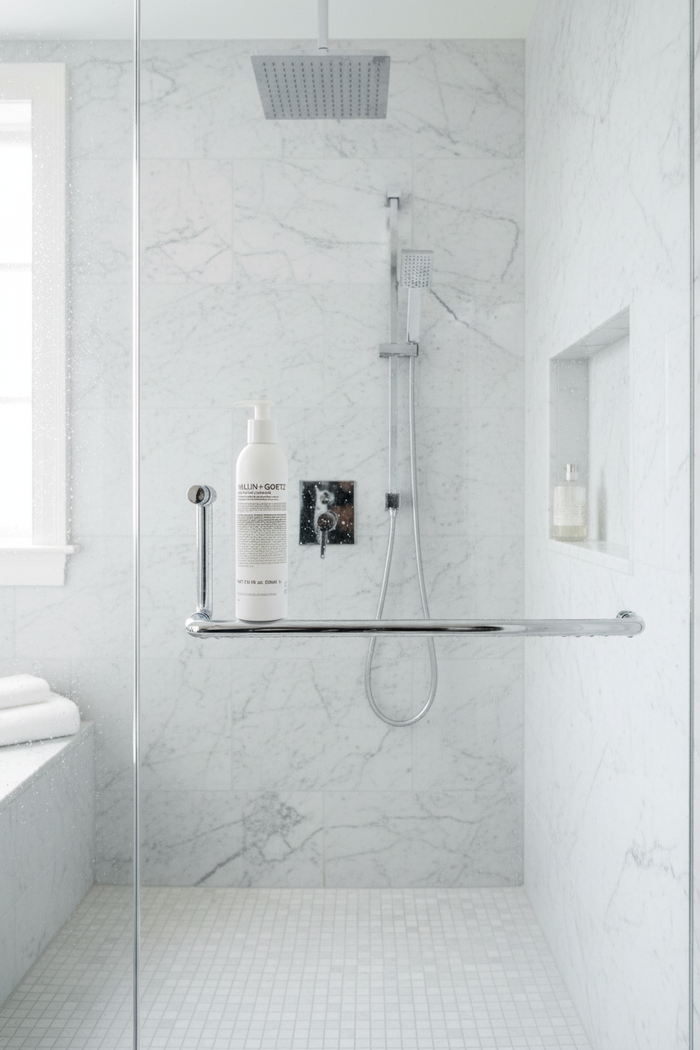 Malin+Goetz Peppermint Shampoo in contemporary shower white tiles chrome fixtures - cooling hair care