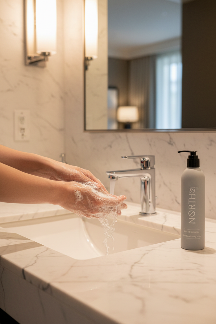Person washing hands with Marriott 39 North Hand & Body Wash by a sink in a stylish bathroom.