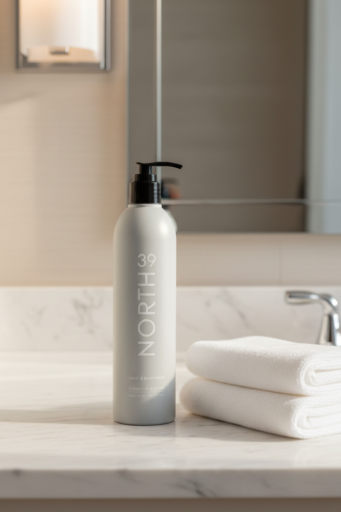 Marriott 39 North Hand & Body Wash bottle on a marble countertop with white towels.