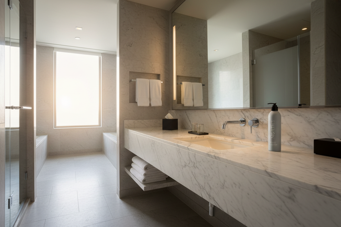 Marriott 39 North Hand & Body Wash displayed in a modern hotel bathroom with marble countertops.