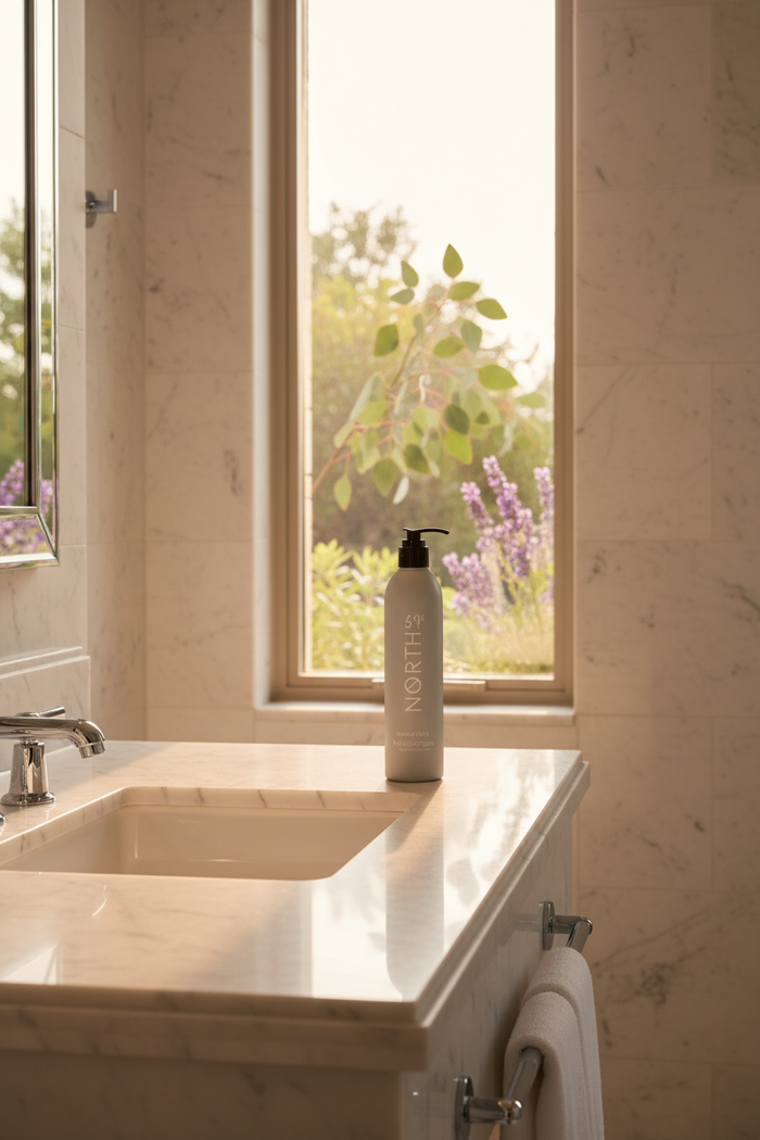 Marriott 39 North Hand & Body Wash bottle on a bathroom countertop with a sunny window view.