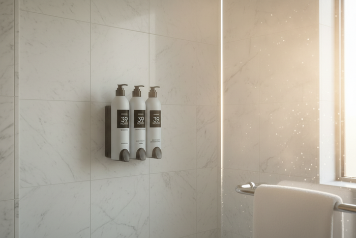 Marriott 39 North Hotel Shower Set In-Shower Lifestyle Shampoo Conditioner Body Wash DoveLok Wall Mount Luxury Hotel Bathroom Spa