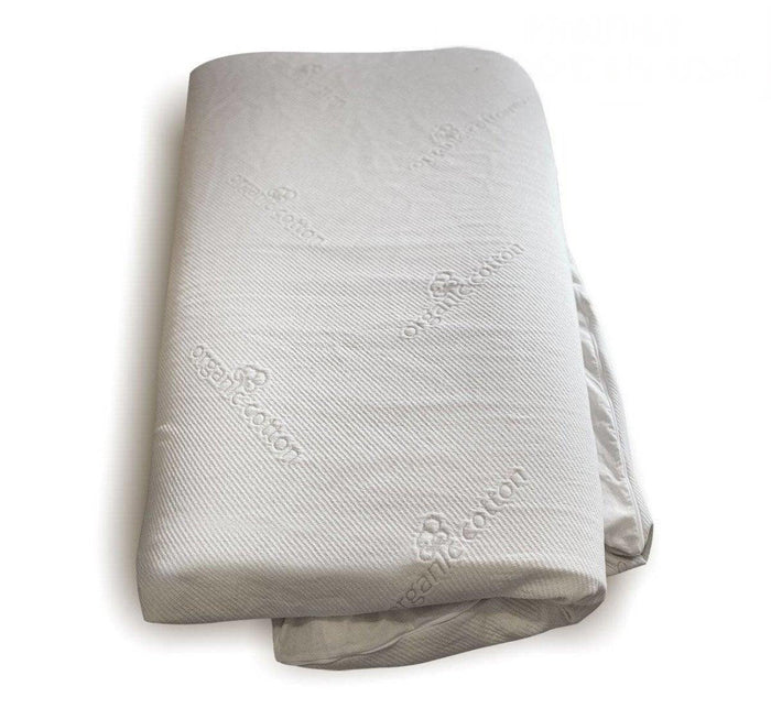 Turmerry Mattress Topper Encasement folded showing white fabric with embossed organic cotton name pattern.