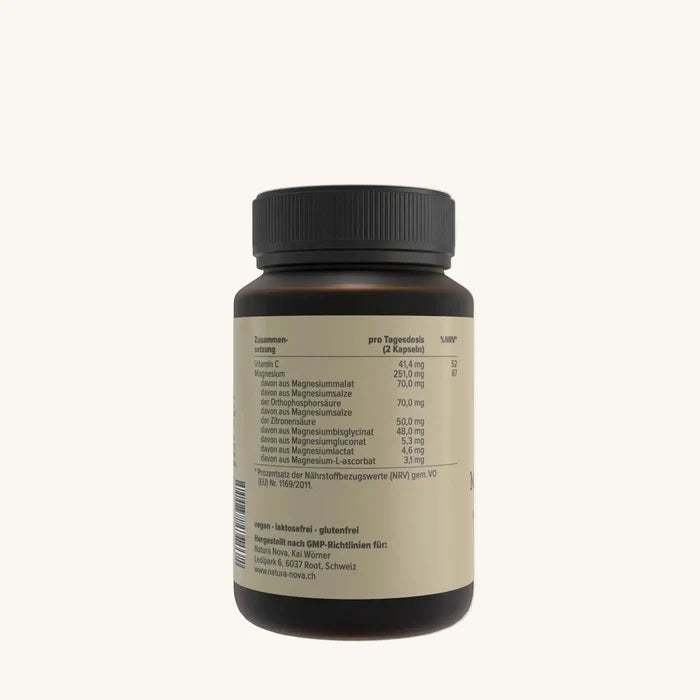 Natura Nova Multi Magnesium 7 vegane Magnesium Kapseln Seitenansicht der Dose mit Nährwerttabelle