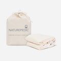 Naturepedic Organic Waterproof Mattress Protector in Naturepedic bag with stacked sheets on side