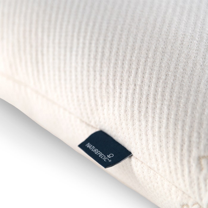 Close up details with tag Naturepedic PLA Pillow with Organic Cotton Pillow Fabric