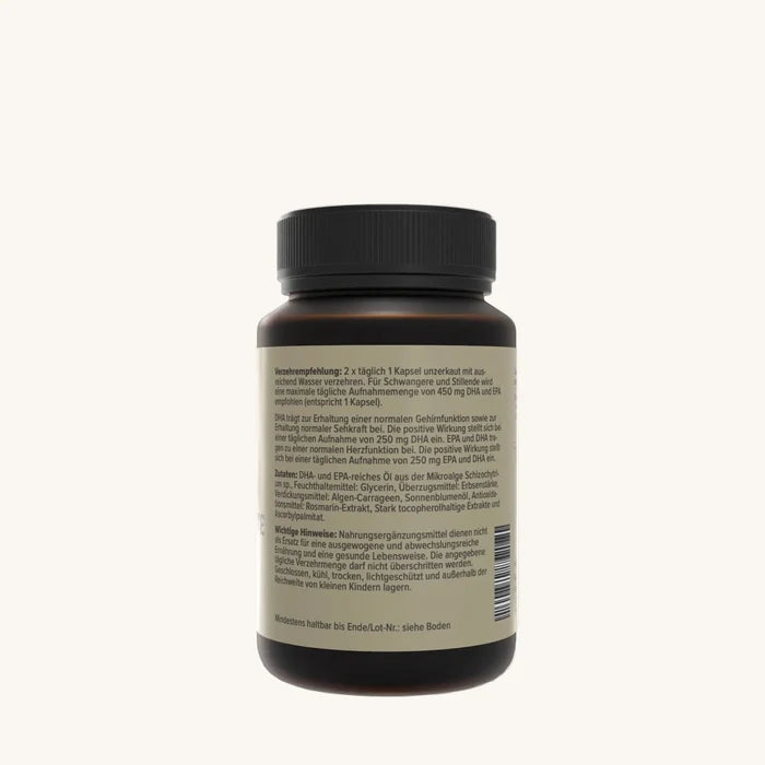 Natura Nova Omega 3 Algenoel Forte Kapseln Rueckseitenansicht mit Inhaltsangaben