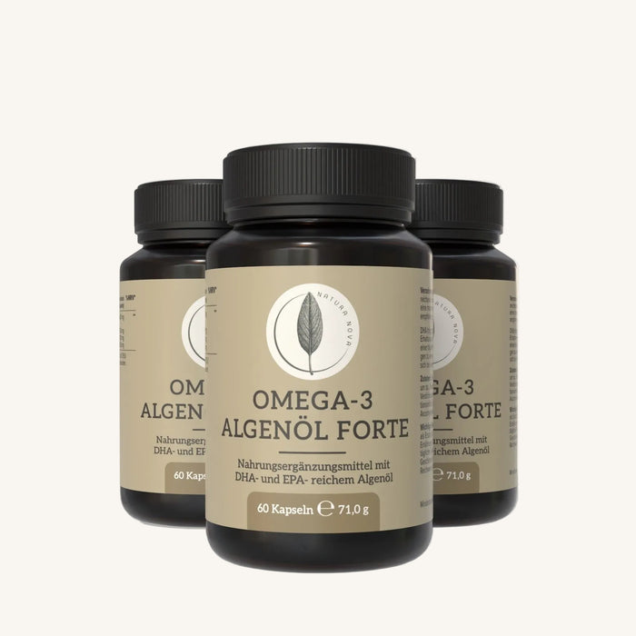 Omega-3 Algenöl Forte Vorteilspack mit 3 × 60 Kapseln im Braunglas